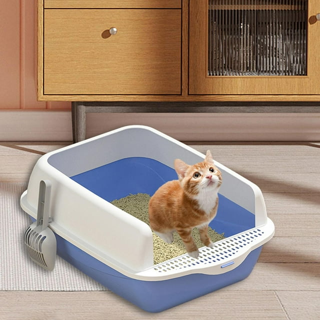Inodoro para gatos con parte abierta, fácil de limpiar, resistente, grande, semicerrado, suministros antisalpicaduras, orinal para gatos, , Azul