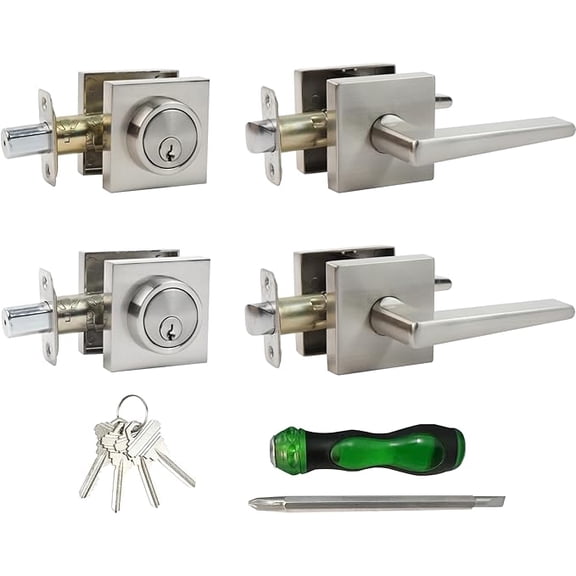 Front Door Handle and Deadbolt Set, Square Heavy Duty Exterior Door Knob with Deadbolt, Brushed Nickel, 2pack
