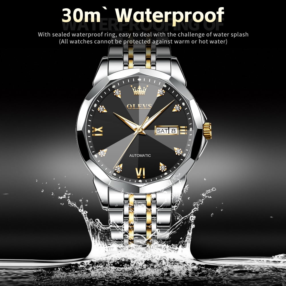 OLEVS Automatic Watches for Men Self Winding Mechanical Luxury Dress Stainless Steel Two Tone Strap Diamond Waterproof Luminous Date Mens Wrist Watches Reloj Para Hombre Black/Blue/Gold/White