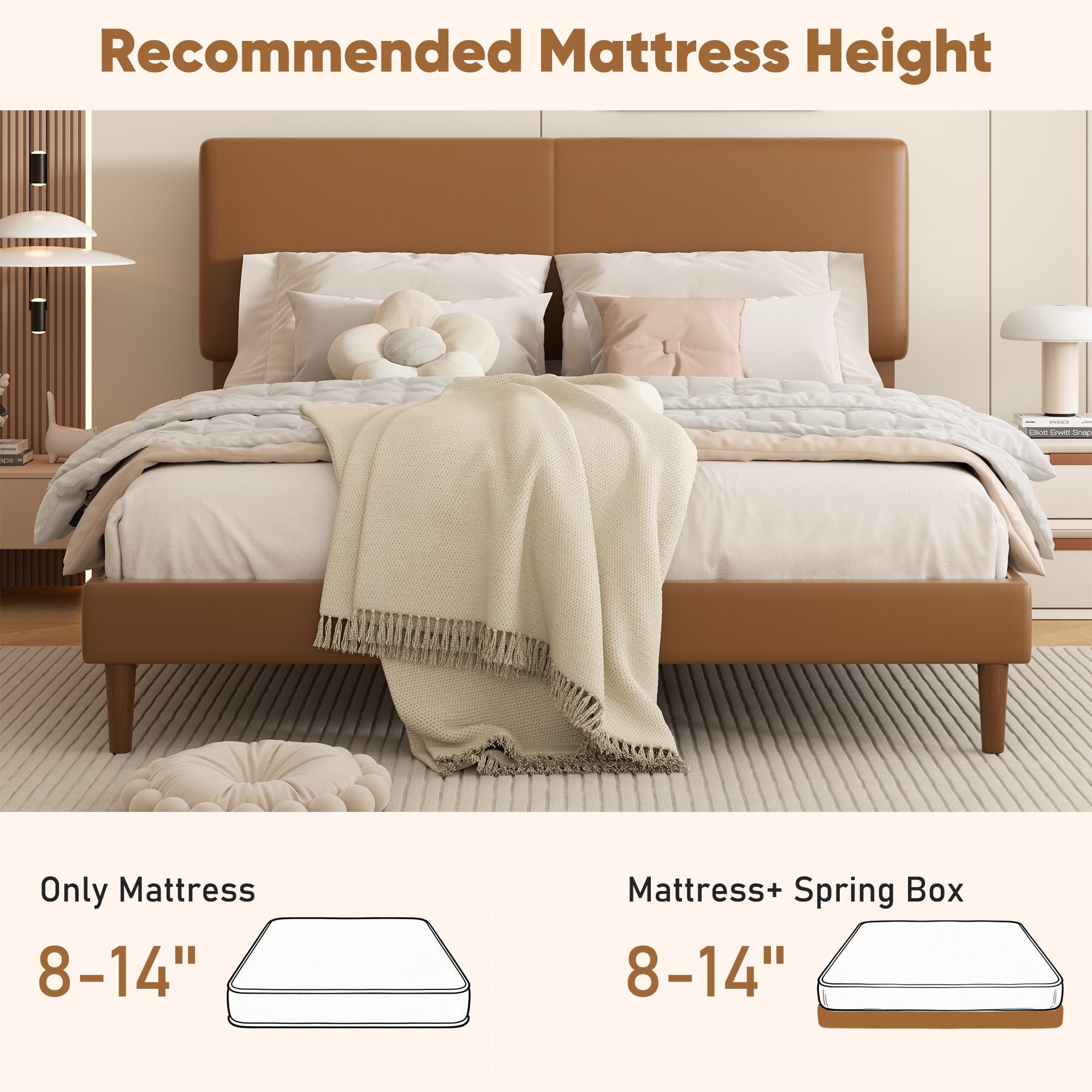 Frostbloom Full Size Faux Leather Platform Bed Frame with Adjustable Headboard, Orange Brown