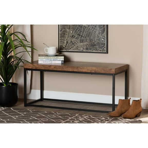 Baxton Studio Bardot Modern Industrial Walnut Brown Finished Wood and Black Metal Accent Bench