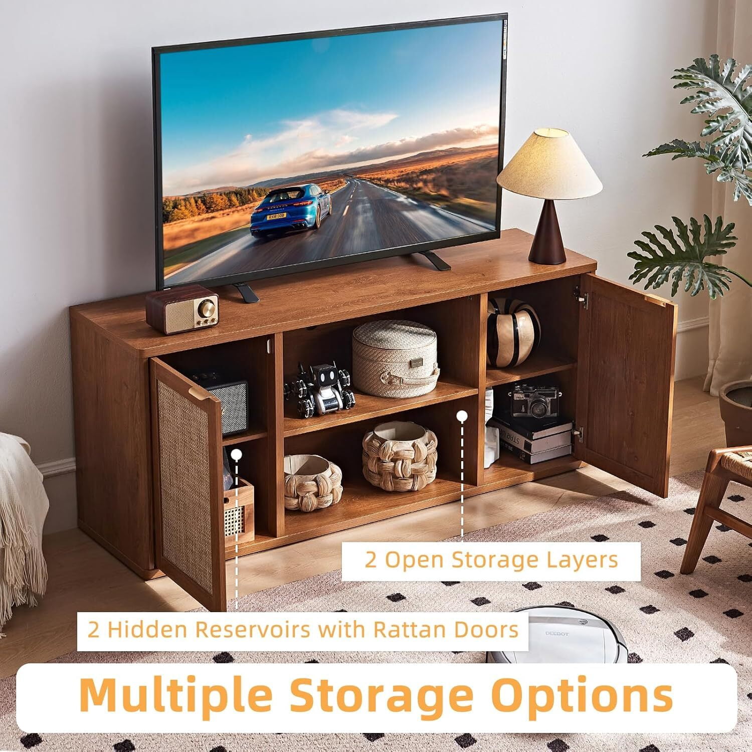 LEYAOYAO Boho Rattan TV Stand, Tea Brown Media Console with Open Shelf & Storage, Fits 50-65 Inch TV, Rustic Entertainment Center