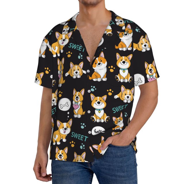 Balery Cute Dogs Corgi Camisa Casual de Manga Corta con Botones para Hombre, Texturizada, Estilo Cubano, para Playa, Verano-XX-Large