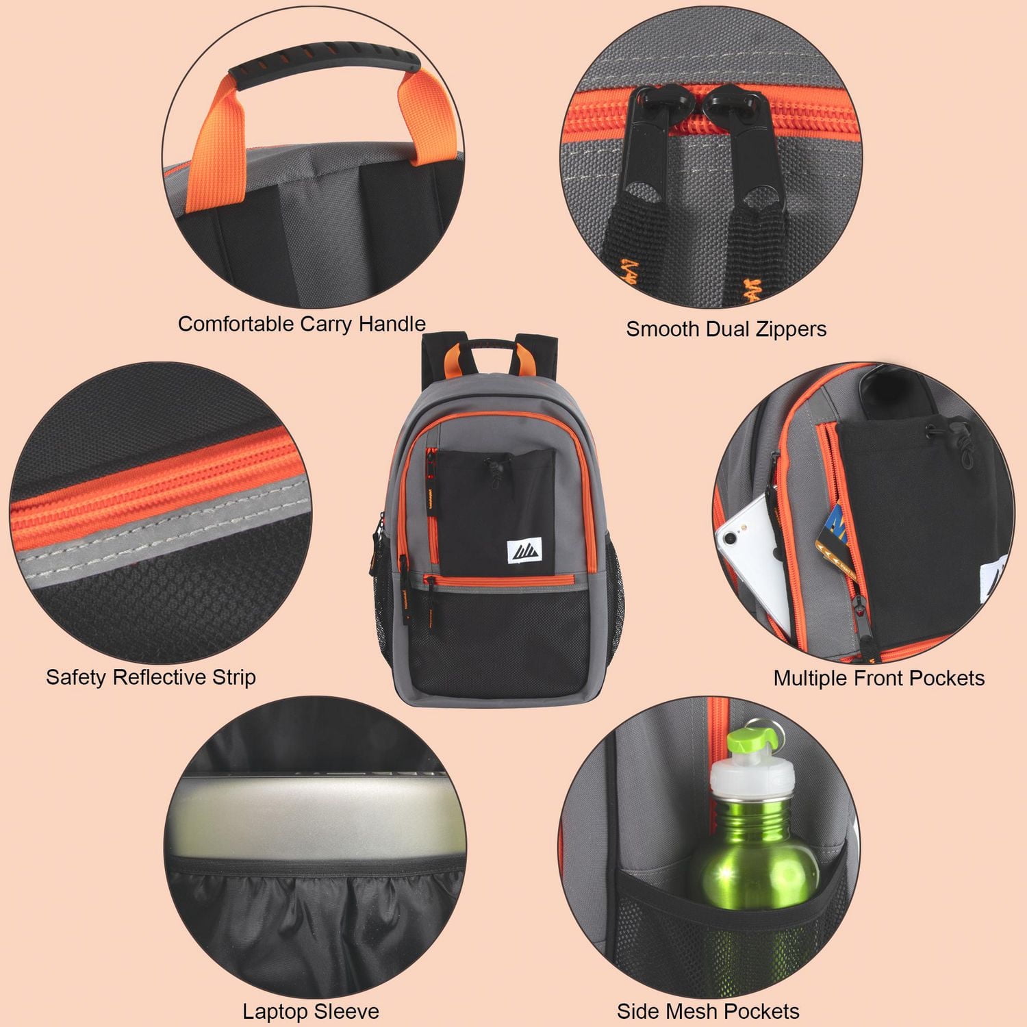 Trail Maker Multi-Pocket Backpack with Front Mesh Zipper Pocket, Side Mesh Pockets, Padded Laptop Pocket, Rubber Grip Handle & Reflective Trim for Travel, Commute, School & Gym in Black & Neon Green