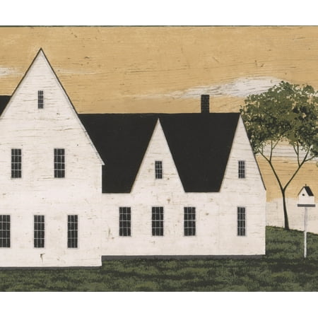 Vintage Village House Barn Field Beige Brown Wide Wallpaper Border