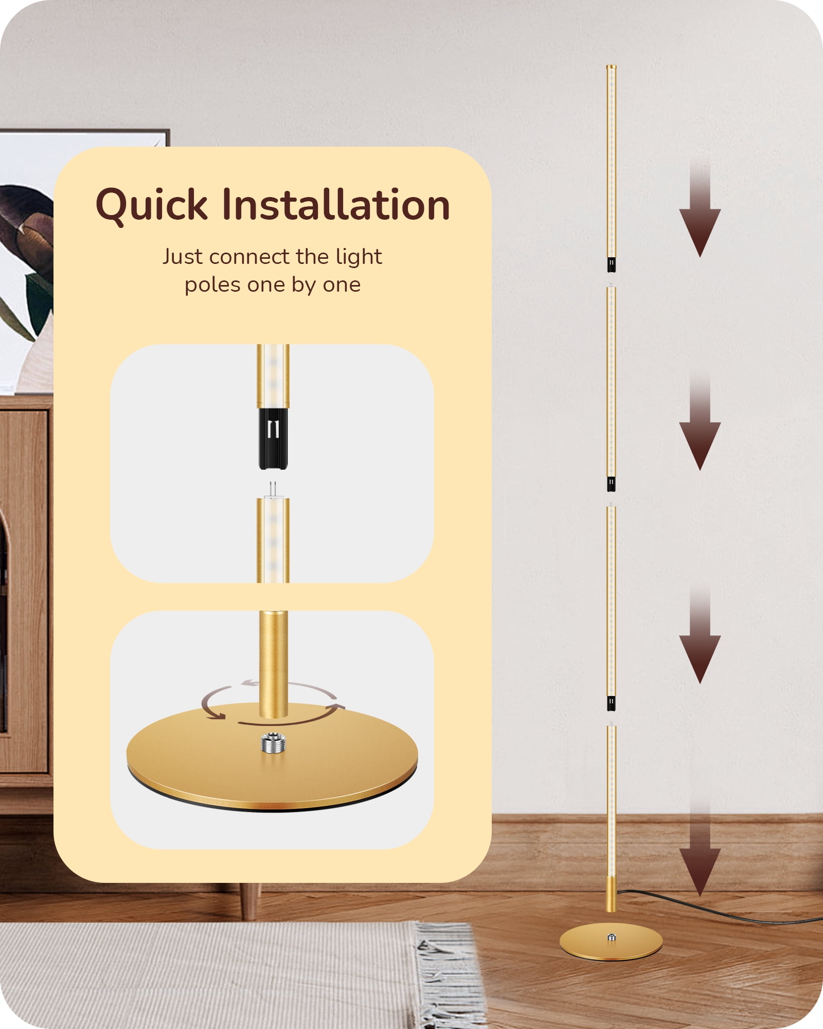 EDISHINE Modern Slim Dimmable LED Corner Floor Lamp, Adjustable Height, 57.5" Minimalist Tall Lamp for Living Room, Bedroom, Office, 3000K, Gold