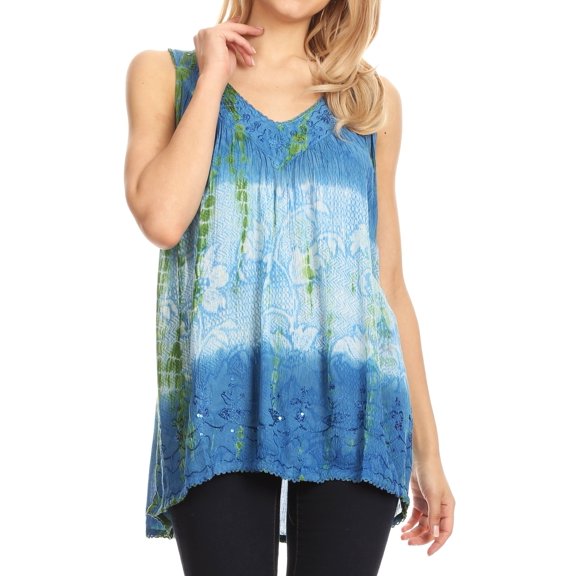 Sakkas Women's Tie Dye Floral Sequin Sleeveless Blouse - Blue / Cream - One Size