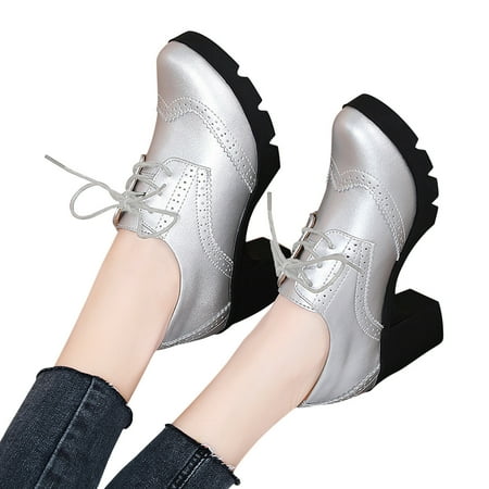 BLTIBY Women s Oxford Shoes Leather Lace-up Chunky Mid Heel Retro Carved Hollowed Out Lace Cut Round Toe Comfortable Casual Formal Work Shoes Silver 35