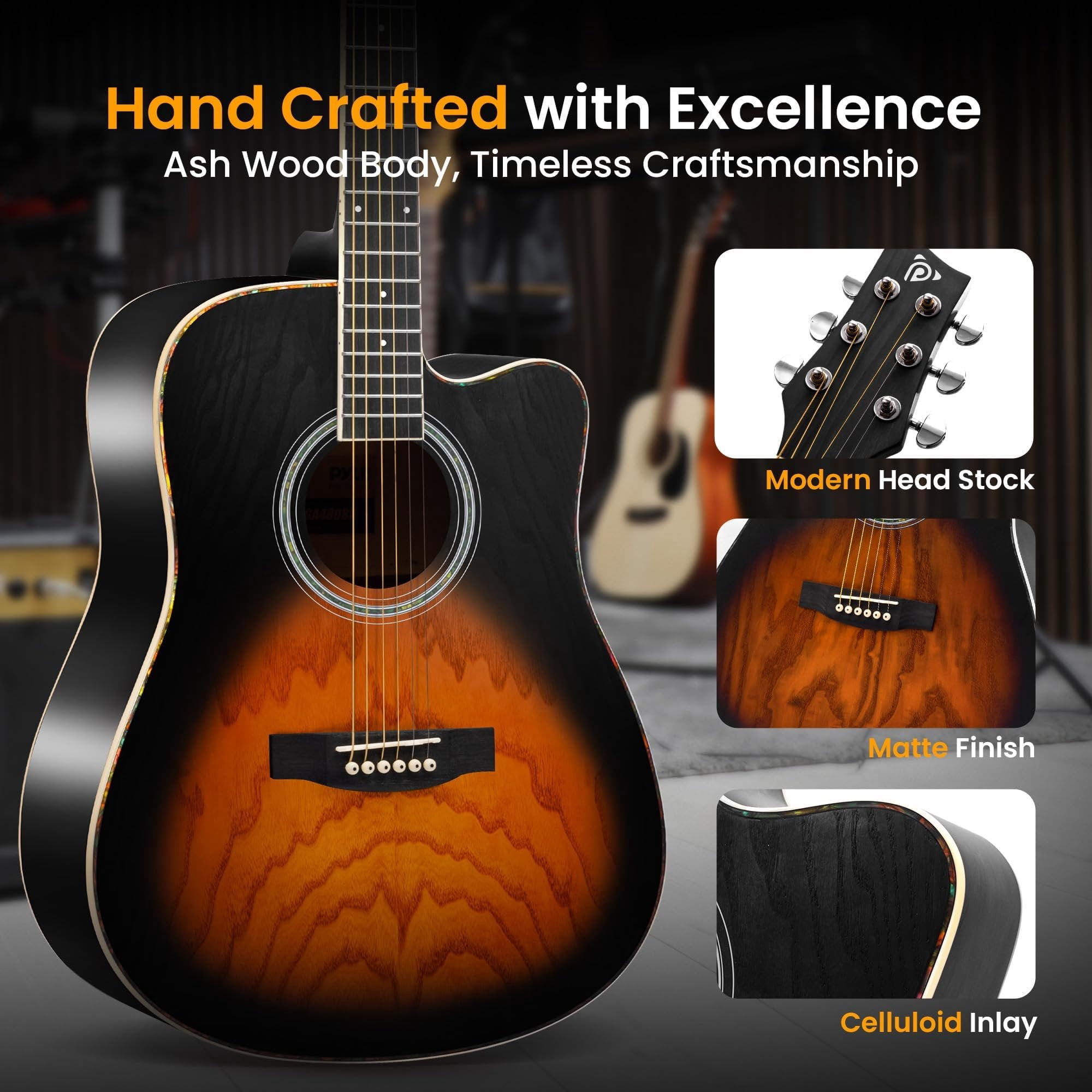 Pyle Steel String Acoustic Guitar Kit, 41" Full Size Cutaway with Ashtree Top, Open Pore Finish, Premium Accessory Set with Armored Gig Bag, Sunburst Teardrop Matte