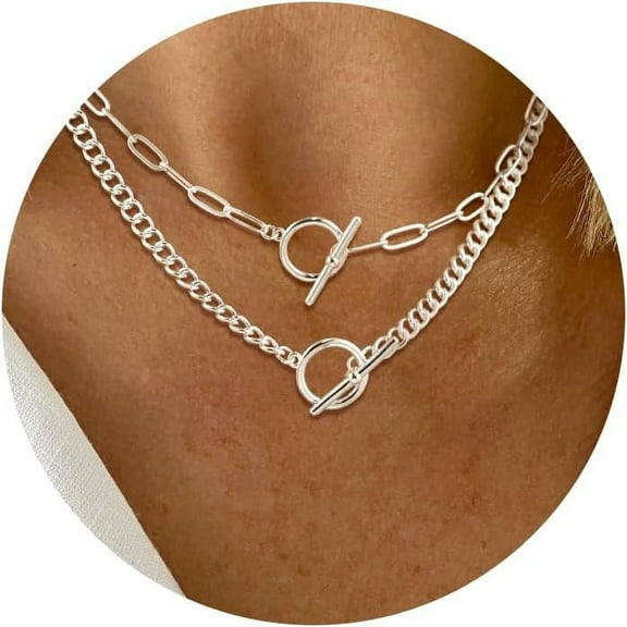 Silver Layered Necklaces For Women, 14K Silver Plated Chain Necklaces For Women Trendy Chunky Paperclip Chain Necklace Dainty Sterling Silver Toggle Necklaces Set Jewelry Gift For Her[o7578]