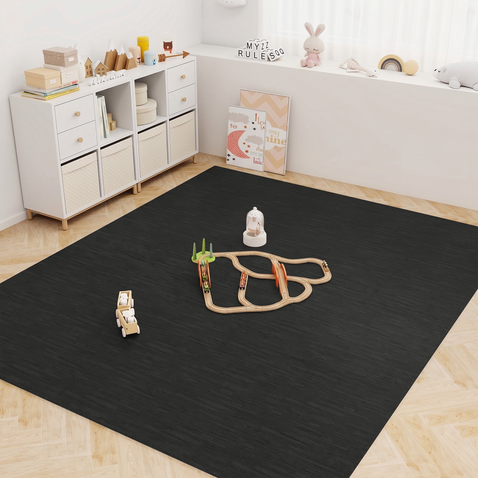 Gymax 100 Sq. Ft. Wood Grain Puzzle Mats 25-Pack EVA Foam Interlocking Floor Tiles Black