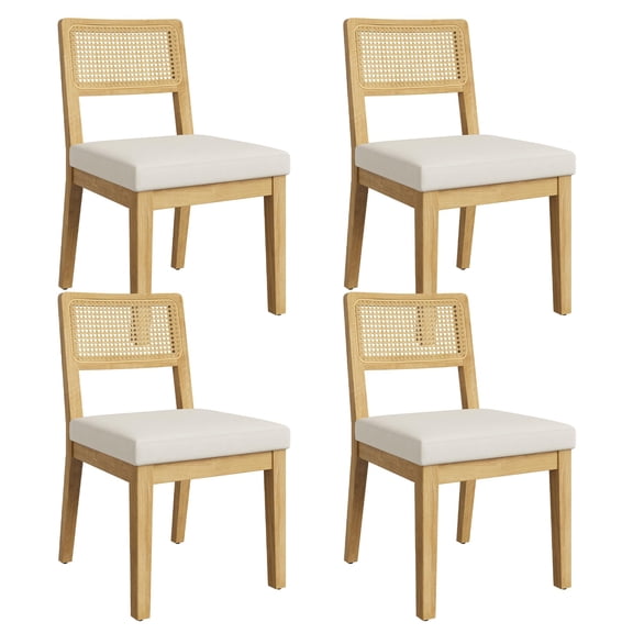 Set of 4 Rattan Dining Chairs with Ergonomic Backrest, Farmhouse Mid-Century Style Kitchen Chairs for Living Room, Breakfast Nook, Home Office, Natural Wood Finish