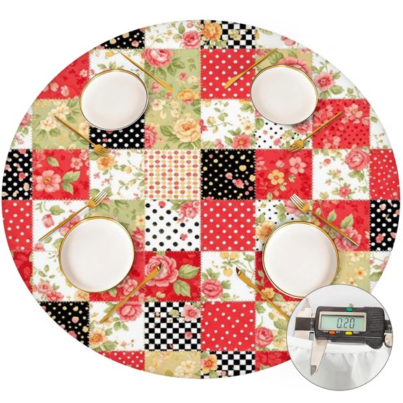 Pioneer Flower Floral Print Pattern Round Fitted Tablecloth with Elastic Edge, Waterproof Dining Table Cover for Indoor Outdoor Camping and Daily Use