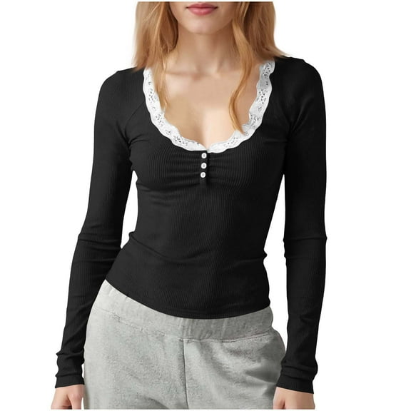 ZHYou Lace Trim Long Sleeve Shirts for Women,Slim Fit Stretchy Soft Button Detail Patchwork Tops,Black,Size S