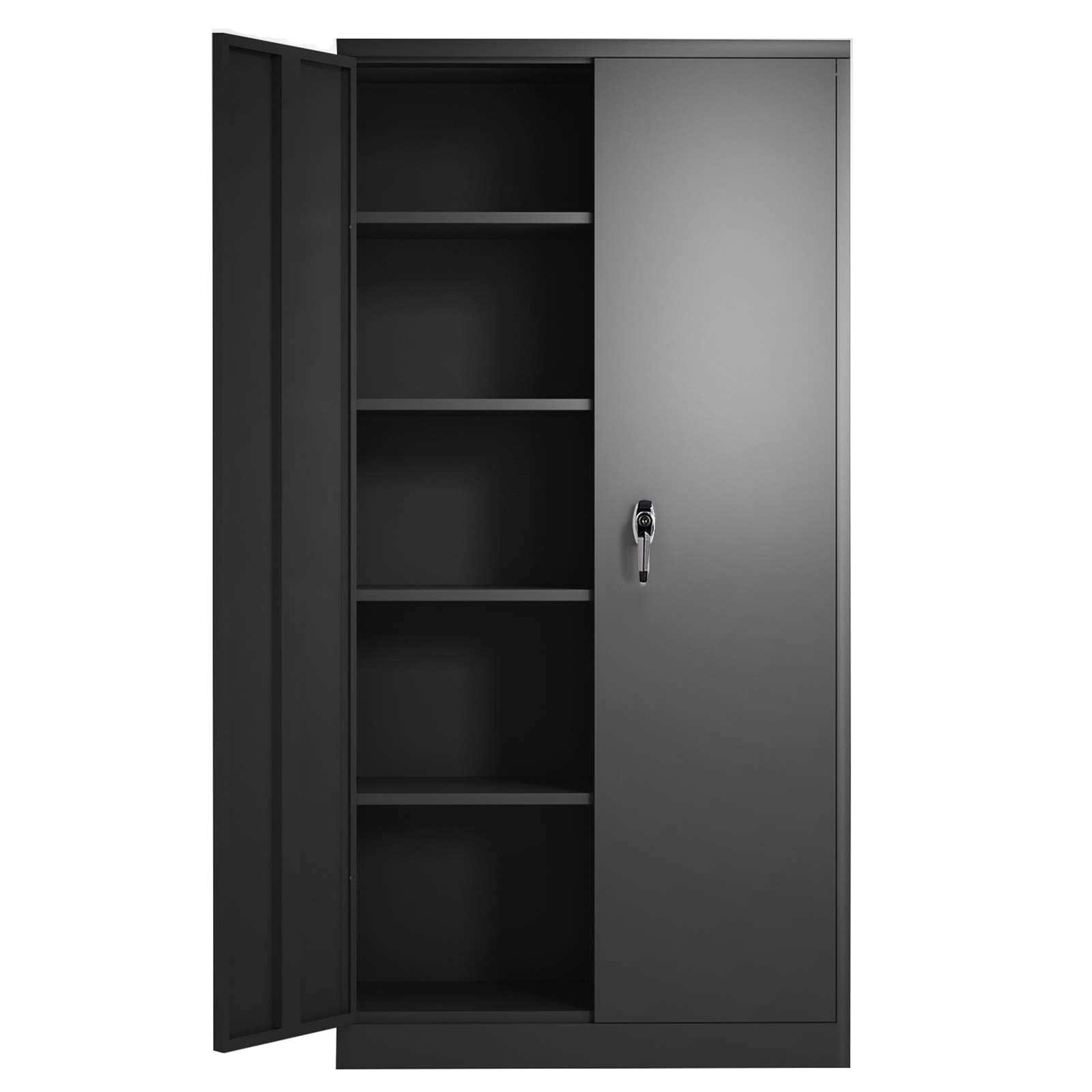 Panana Metal Office Filing Cabinet Tall Storage Cupboard Document Compartments Lockable Double Doors Adjustable Shelves 4 Tier Black