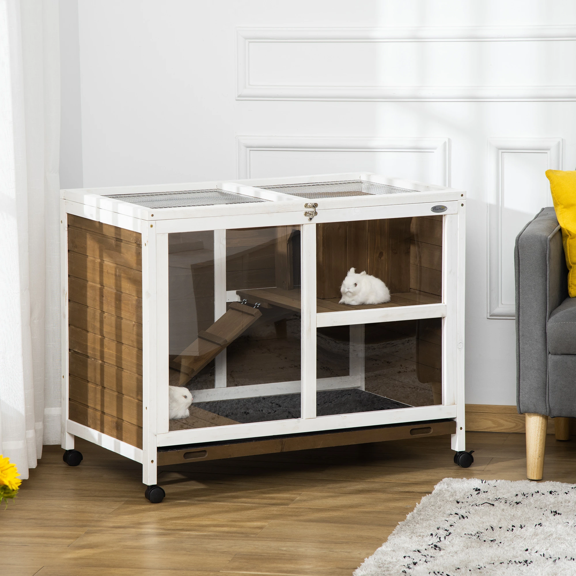 Pefilos 36" Indoor Rabbit Hutch with Wheels, Removable Tray and Openable Top, Wooden Bunny House Small Animal Habitat, Brown