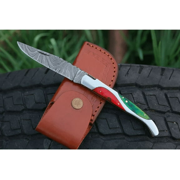 High Grade Hand Forged Damascus Folding Knife With Steel Frame Green & Red Pakka wood Handle