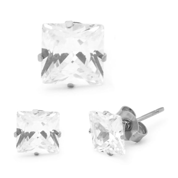 BEBERLINI Women Stud Earrings Cubic Zirconia Silver Stainless Steel Jewelry Square 9 mm