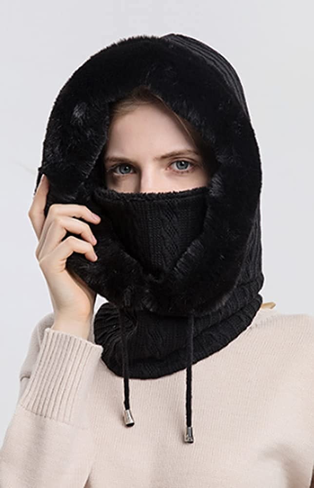 CoCopeaunts Women Winter Fleece Beanie Hat One-Piece Drawstring Knit Beanie Hats Scarf Mask Ski Snow Skull Hat Cap