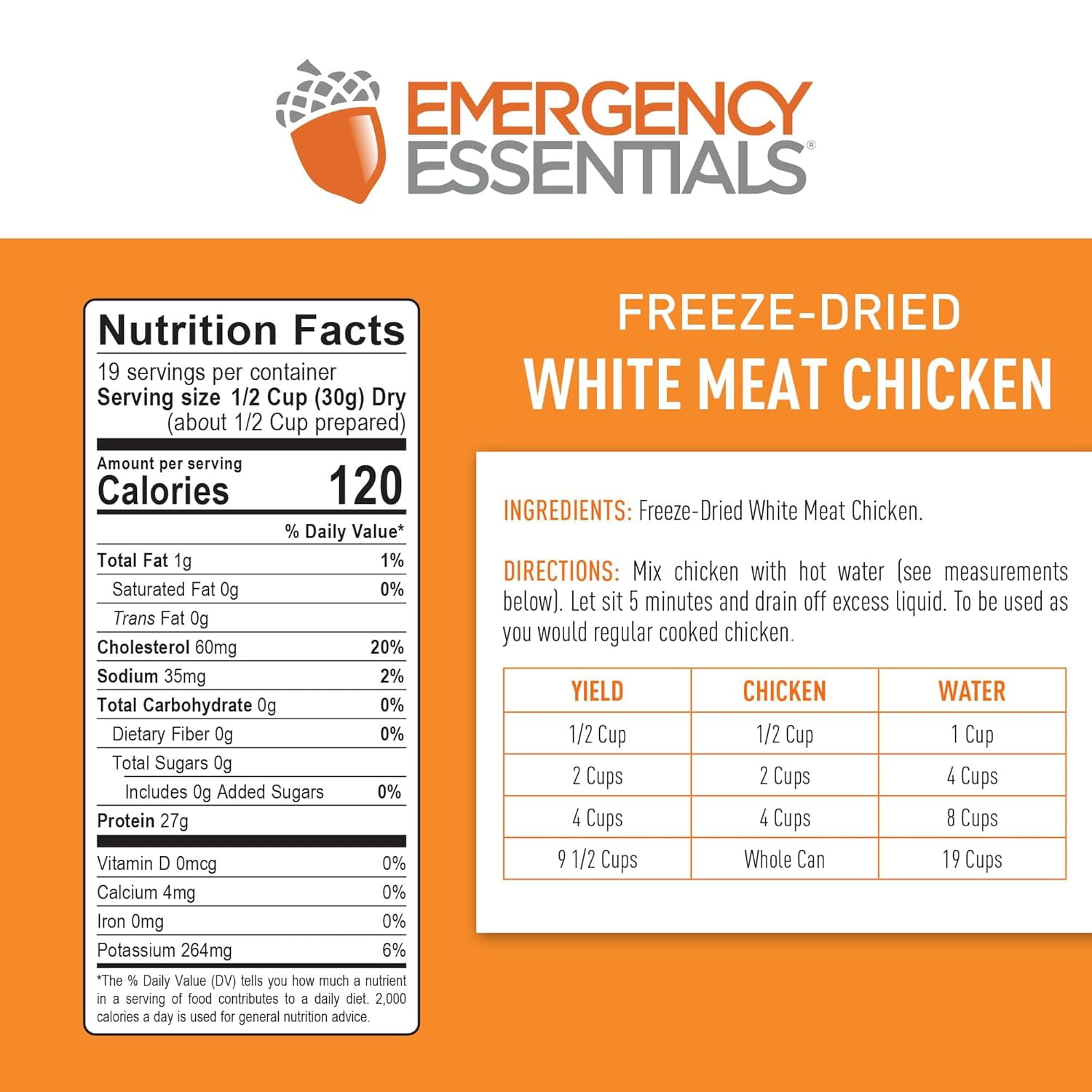 Emergency Essentials Freeze-Dried White Meat Chicken #10 Can – 25-Year Shelf Life, 19 Servings, 513g Protein – Bulk Food, Long-Term Emergency Food Supply & Storage