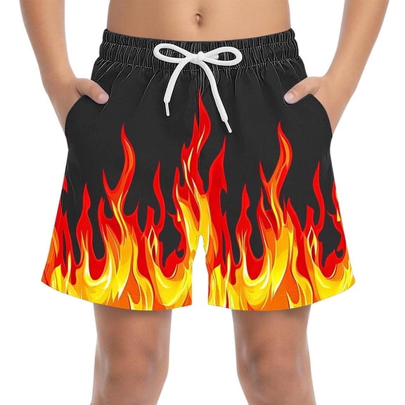 SERTG Boys Flame Print Swim Trunks Side Pocket Lightweight Breathable Elastic Waist Fire Print Summer Beach Board Shorts