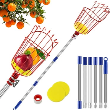 Fruit Picker , 8 ft Adjustable Lightweight Stainless Steel Fruit Picker Tool with Picking Basket for Apple Avocado Fig Acorn Lemon Pear Mango