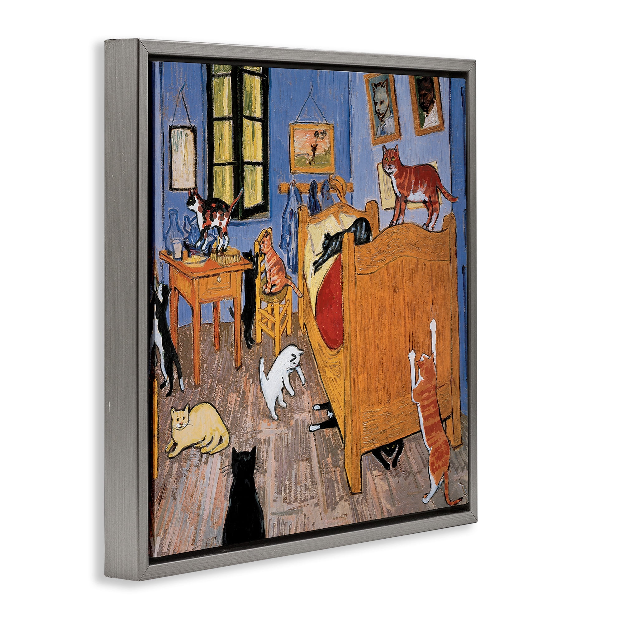 Stupell Industries Cats in Bedroom Classics Parody Animals & Insects Painting Gray Floater Framed Canvas Art Print Wall Art, 25 x 25