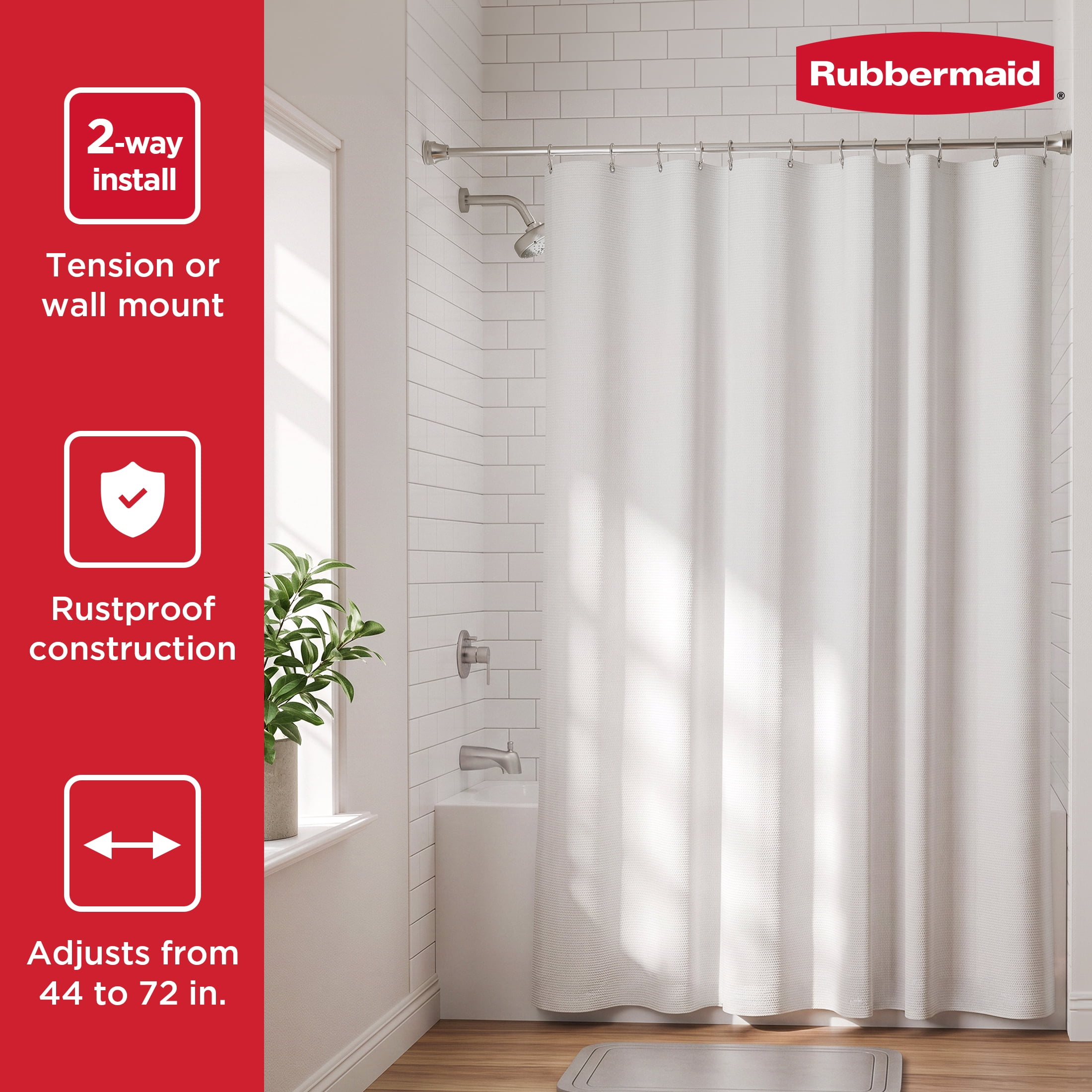 Rubbermaid No Drill Tension or Wall Mount 44" to 72" Adjustable Shower Curtain Rod, Rustproof Stainless Steel, Brushed Nickel