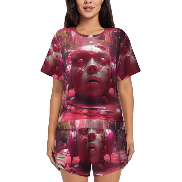Fotbe Surreal Pink Headphones Conjunto de Pijama Estampado para Mujer, 2 Piezas, Ropa de Dormir con Camiseta de Manga Corta y Shorts Suaves-Medium