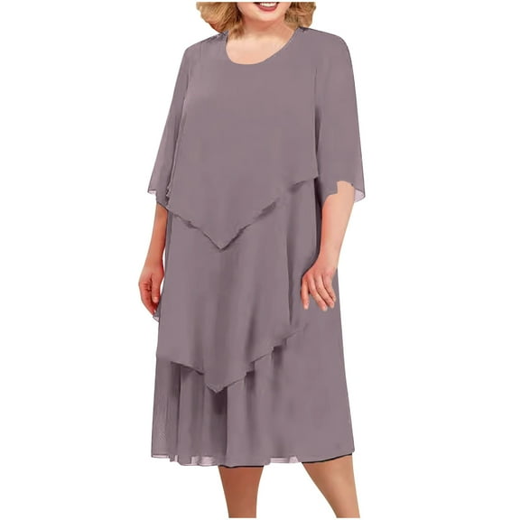 DJskiyers Plus Size Dress for Old Womens Elbow Length Loose Chiffon Dress Comfy 3/4 Sleeve Dress Swing Summer Dress formal Tiered Dress