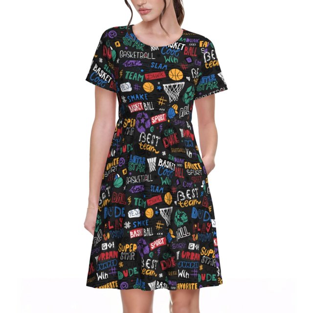 Vsdgher Basketball pour Femmes Été 2025 Robes Midi Maxi Décontractées Légères Manches Courtes Col Rond Robe de Plage