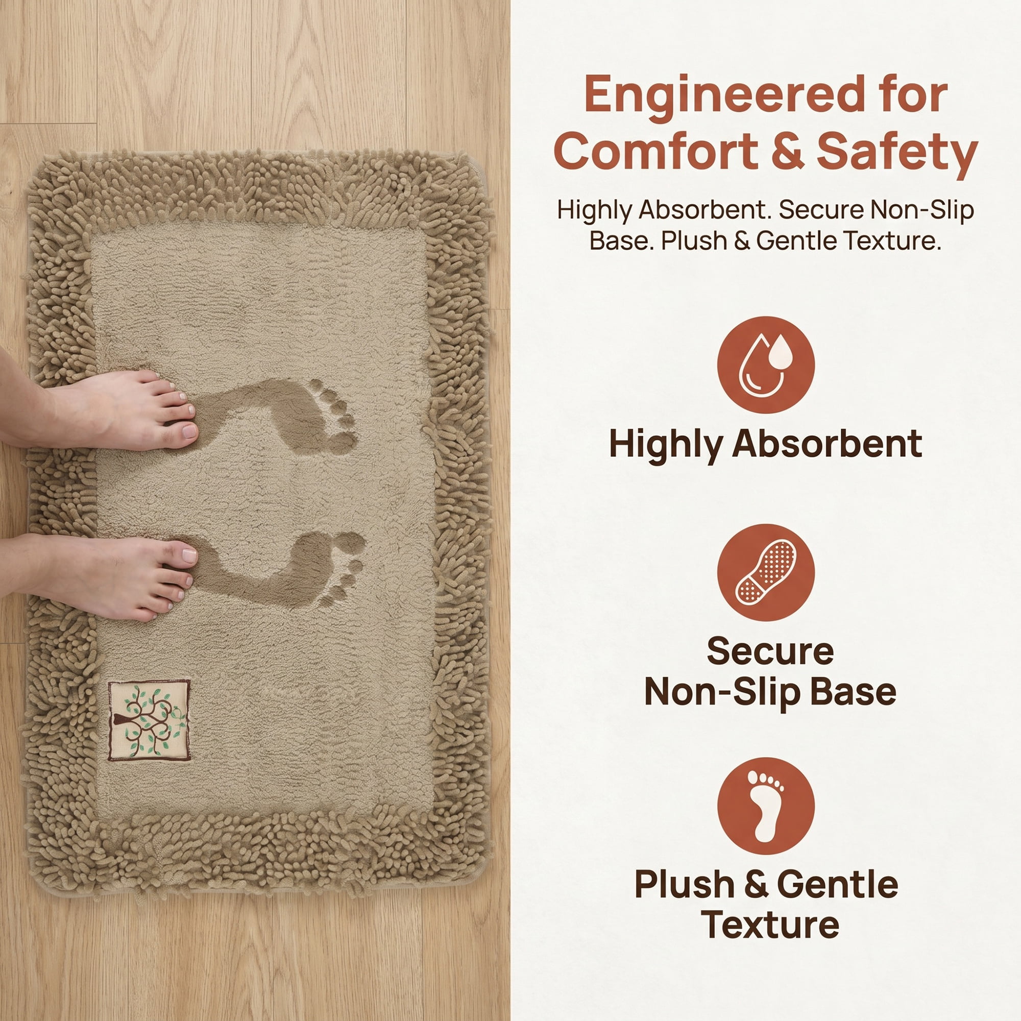 Unique Bargains Chenille Non Slip Bath Mat Ultra Soft Absorbent Shower Rug Beige 24" x 16"