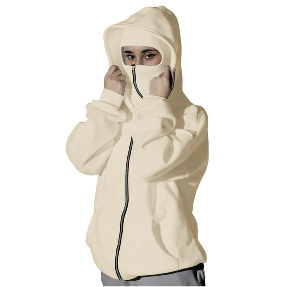 successthop Fleece Hoodies for Women Zipper Double Hooded Long Sleeve Sweater with Pockets Solid Windbreaker Tops Beige