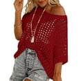 thumbnail image 4 of Womens Summer Scoop Neck Short Sleeve Sweater Casual Crochet Hollow Out Knit Tops Pullover Shirts Beach Coverup Womens Summer Boho Tops Red XL, 4 of 8