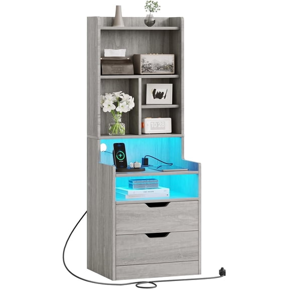 Tall Grey Night Stand with Drawers & LED Lights, Nightstand with Bookshelf & Charging Station, Bedside Table with Power Outlets, Side Table for Bedrooms