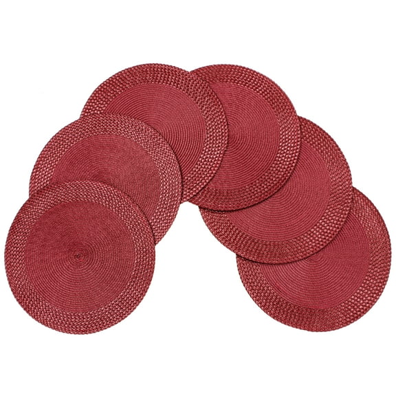 Rome Woven Braided Stitch Edge Table Placemats 15 Inches Round Set of 6 Non-Slip Dining & Kitchen Table Mats Burgundy