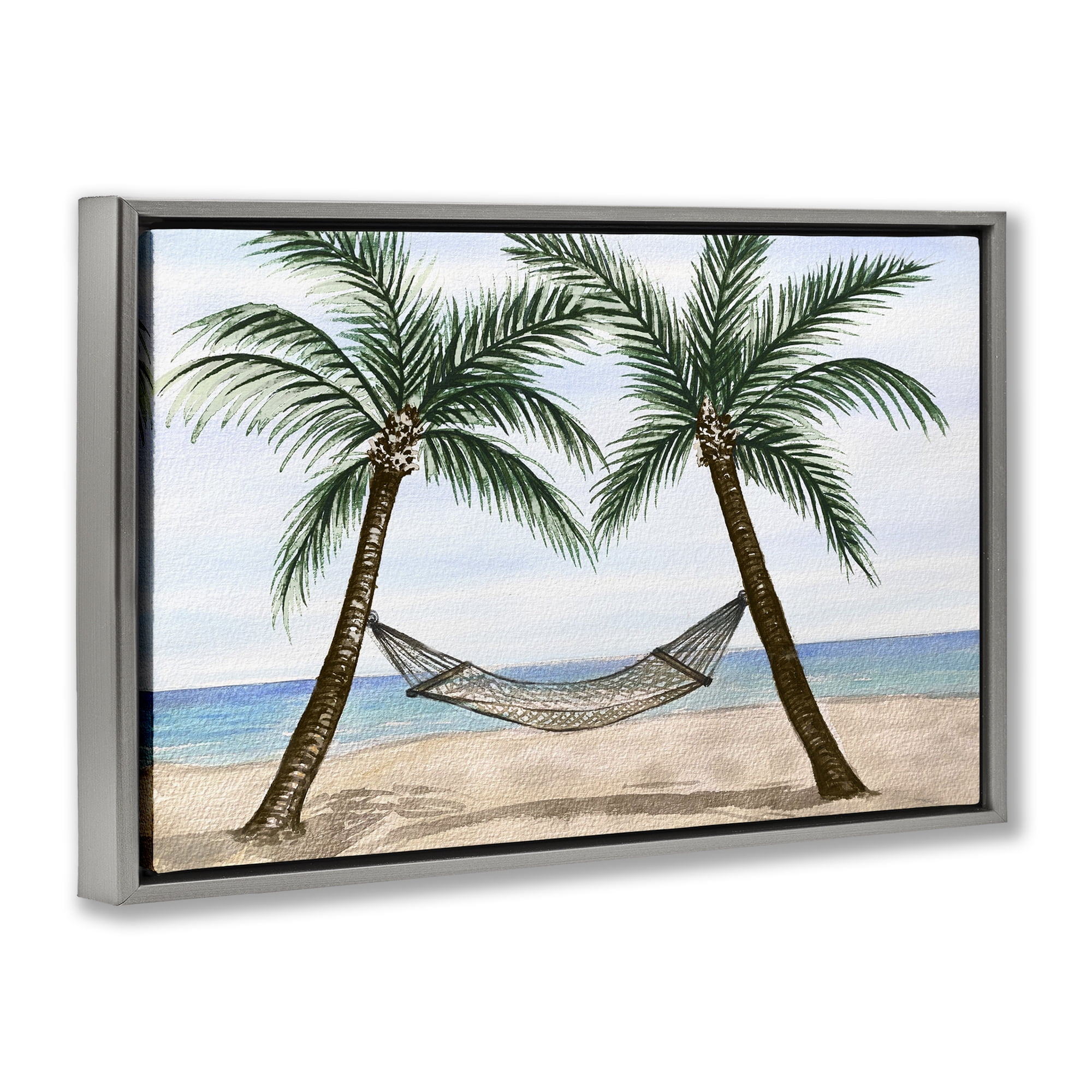 Stupell Industries Hammock Between Palms Landscape Painting Gray Floater Framed Canvas Art Print Wall Art, 25 x 17