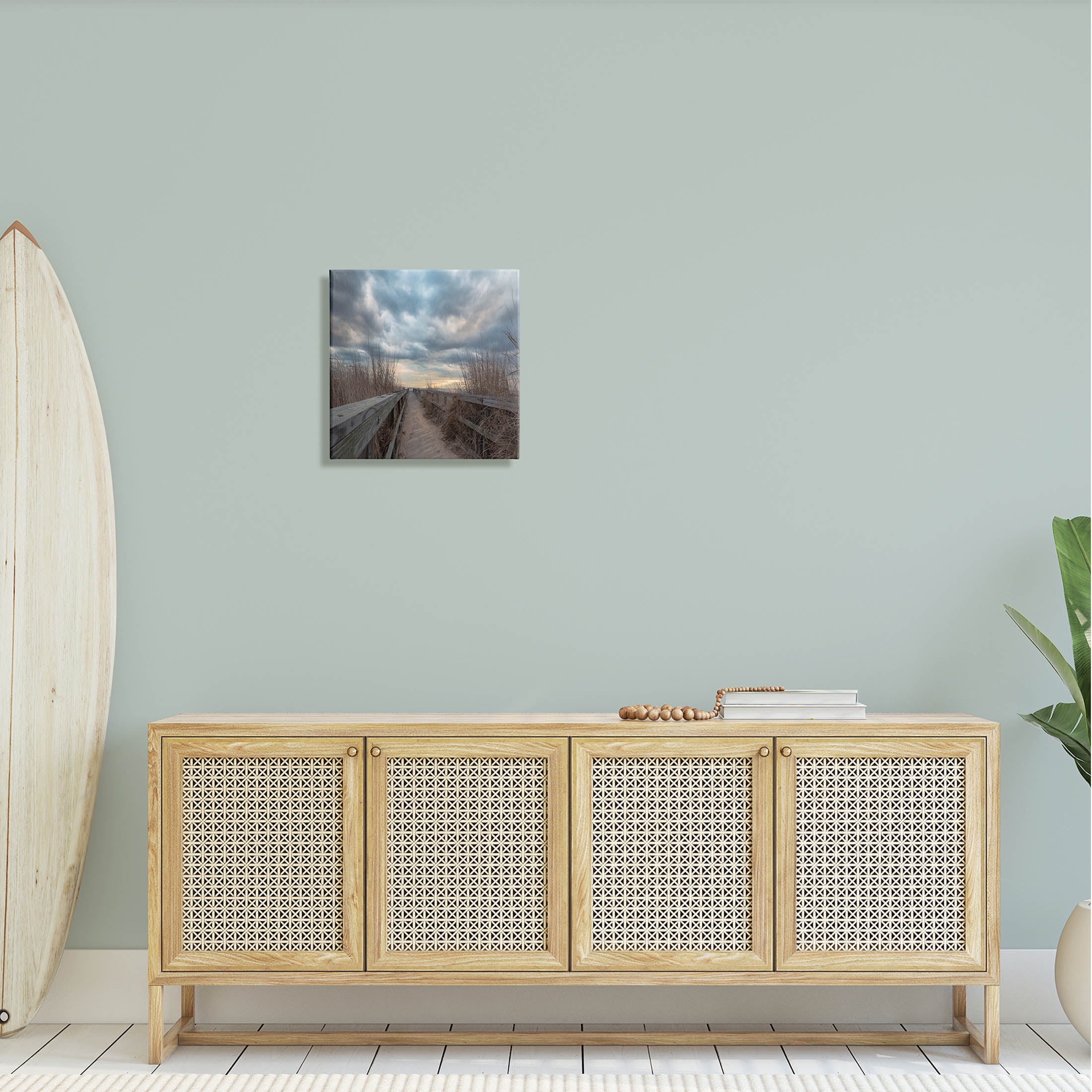 Cloudy Coastal Boardwalk View Coastal Photograph Gallery Wrapped Canvas Print Wall Art