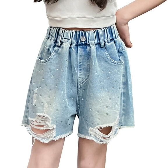 WRTFVZA Girls Jean Shorts Size 9-10 Years Toddler Girl's Ripped Jeans Distressed Denim Shorts with Pockets #Blue
