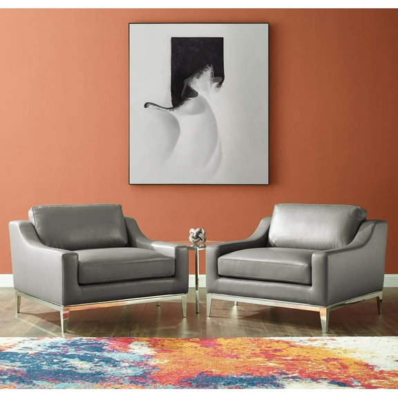 Modway Harness Stainless Steel Base Leather Armchair Set of 2 in Gray