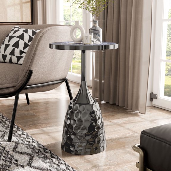 24/7 Shop At Home Enric Modern Metal Accent Side Table with Round Tabletop, Living Room End Table, Black with Geometric Pattern