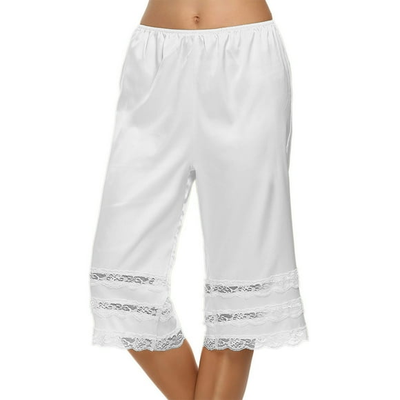 Pisexur Bloomers for Women Satin Pettipants For Under Dresses Lace Trim Culotte Slip Snip-It Pettipants Bottom Half Slip Shorts Solid Color Loose Womens Sleep Pants S-XL White