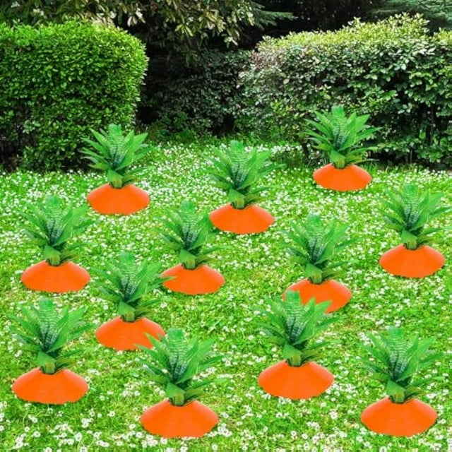 Fiudx Estacas de Zanahoria de Pascua para Jardín, Paquete de 12, Decoración de Jardín, Diseño Naranja y Verde Brillante, Letrero Caprichoso para Exteriores, Patio o Porche, Primavera, 7.48 X 1.97 Pul