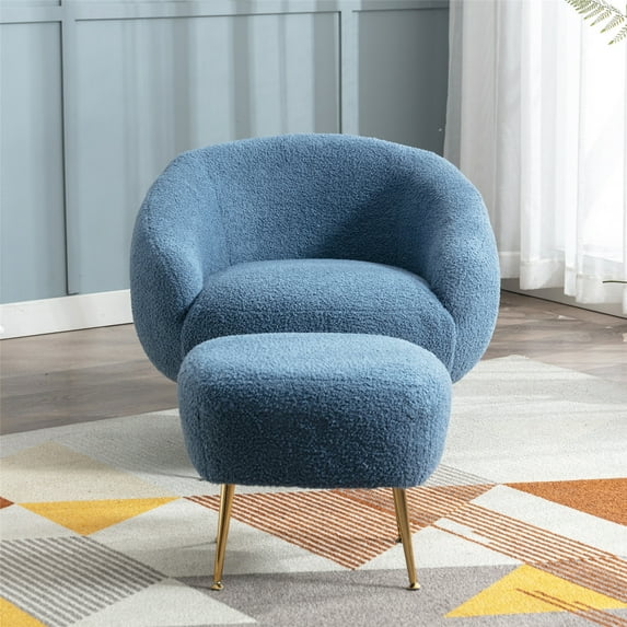 Accent Chair with Ottoman, Modern Teddy Velvet Tufted Armchair with Golden Metal Legs, Comfy Upholstered Single Sofa Chair Leisure Reading Chair for Living Room, Bedroom, Dark Blue