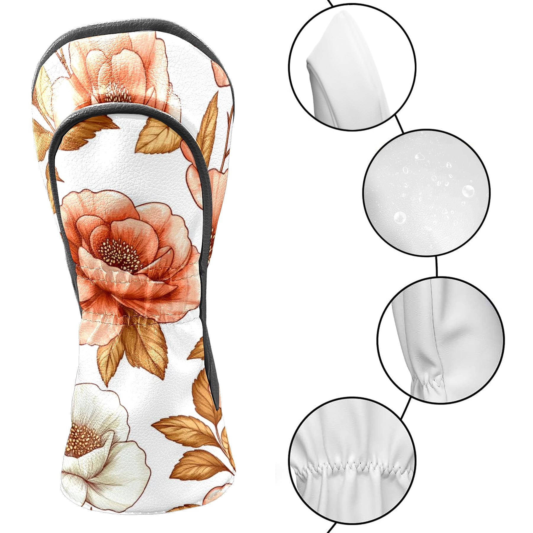 Golf Club Head Covers - Peony Design, PU Leather, Waterproof, Fits Fairway Woods/Hybrid, Unisex, Fits Most Brands