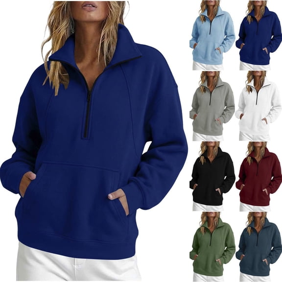 Zeijnsda Casual Sweatshirt for Women Fashion Half-Zip Lapel Hoodless Sweatshirts Solid Color Daily Sports Tops Loose Long Sleeved Pullover Shirts