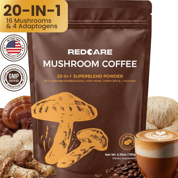 Mushroom Coffee w/ Adaptogenic Mushrooms, Lion's Mane, Cordyceps, Turkey Tail,Reishi, Ashwagandha, L-Theanine,Green Tea, Instant Coffee Powder for Focus, Digestion & Immunity, Fruiting Body, 6.35oz