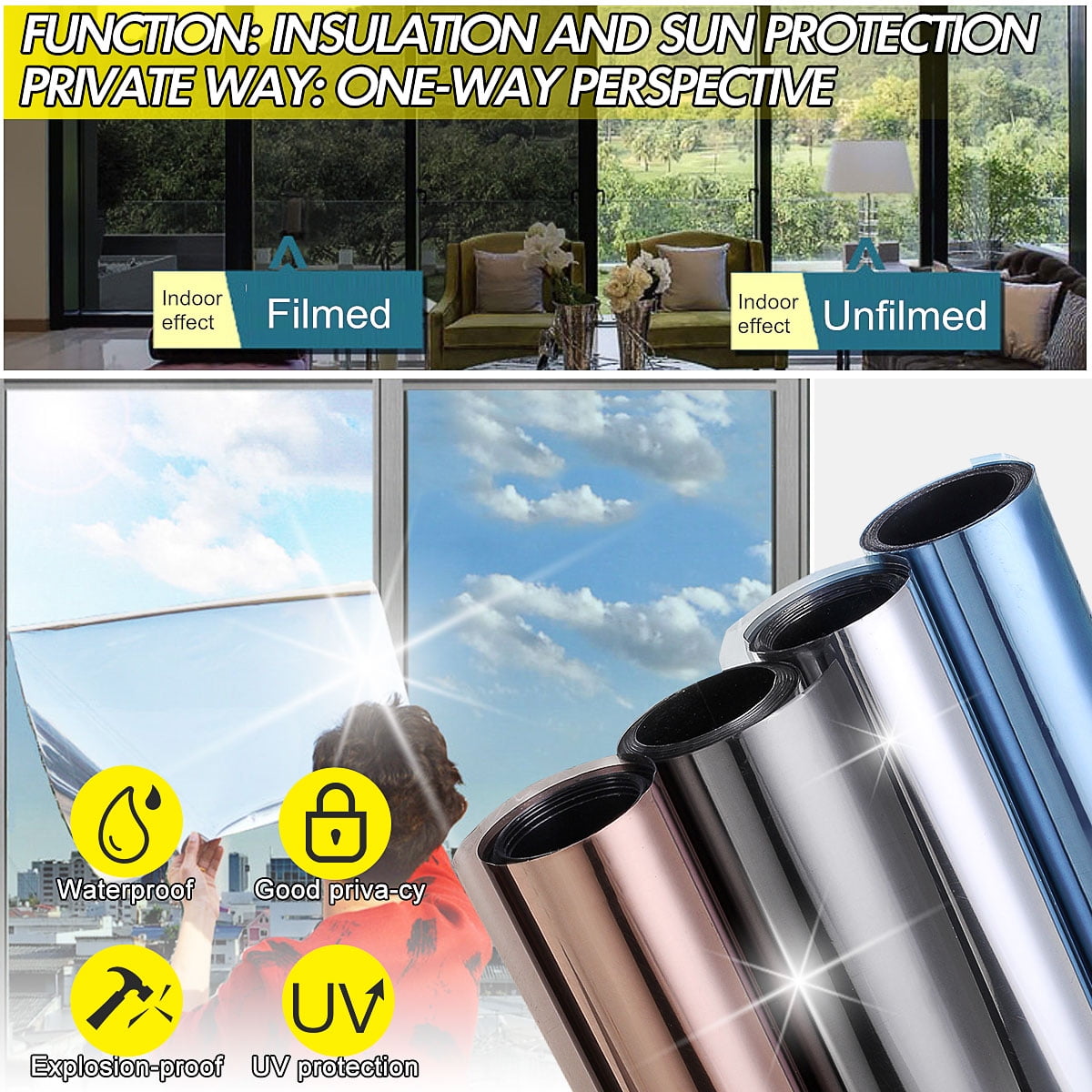 Window Tint Explosion-proof Sunscreen Static Cling One Way Reflective Silver 