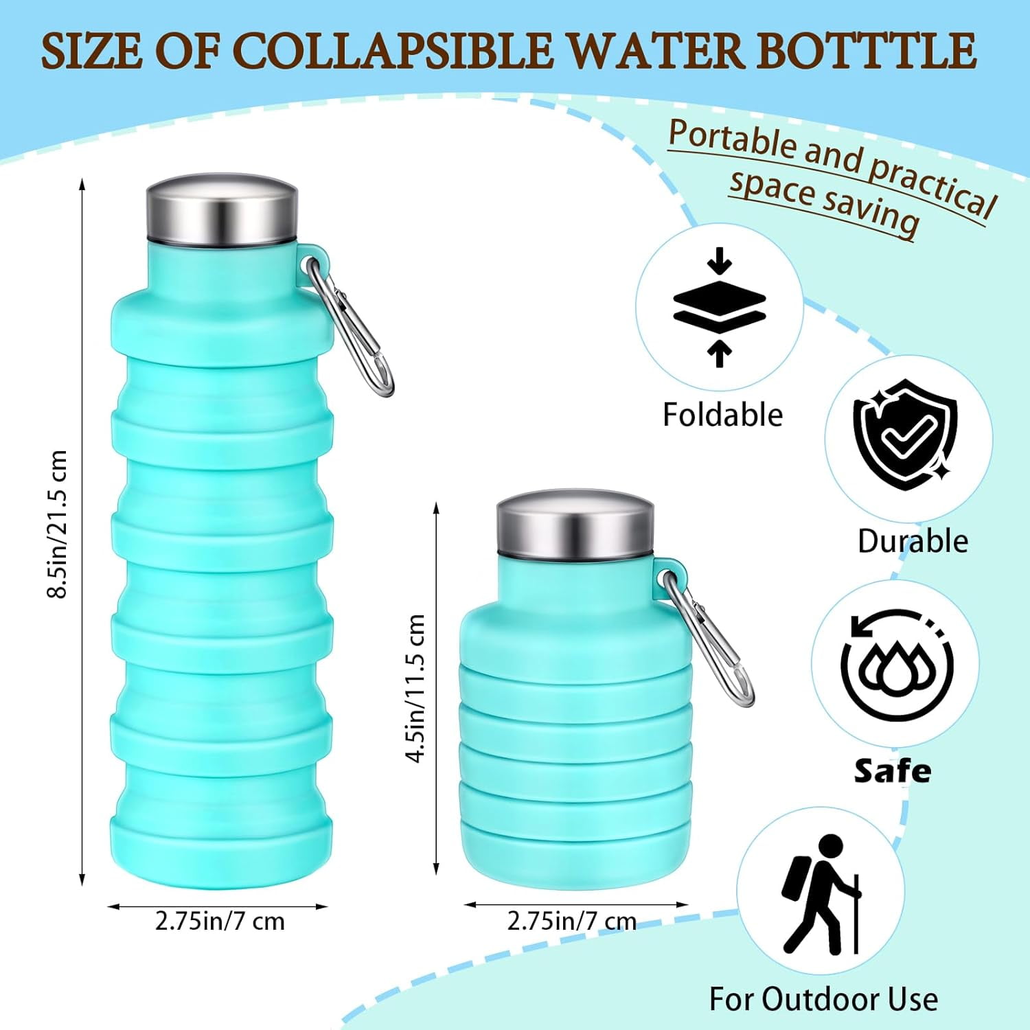 ABCISI 2 Pcs Collapsible Water Bottles, 17oz Silicone Portable Leak-Proof Water Bottle with Buckle, Silicone Lightweight Reusable Travel Water Bottle for Camping Hiking Cycling Sport (Pink, Blue)