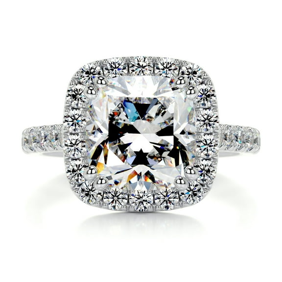 First Jewel Silver 14K White Gold Over Ring - 2 Ct Cushion Excellent Cut Diamond Ring - Halo Diamond Ring for Women's - Eternity Band Diamond Ring for Women's - Solitaire with Accent Diamond Ring